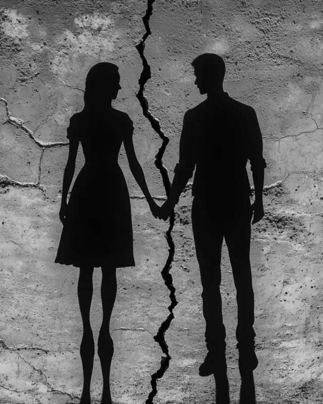 Silhuetas de um casal de mãos dadas, separados por uma rachadura na parede